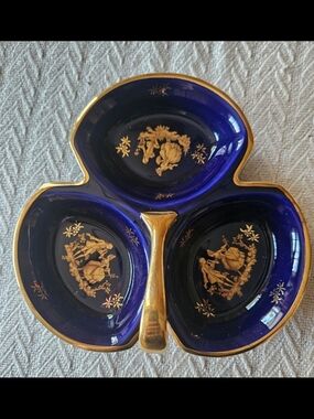 Limoges Cobalt Blue and Gold Three-Section Serving Dish